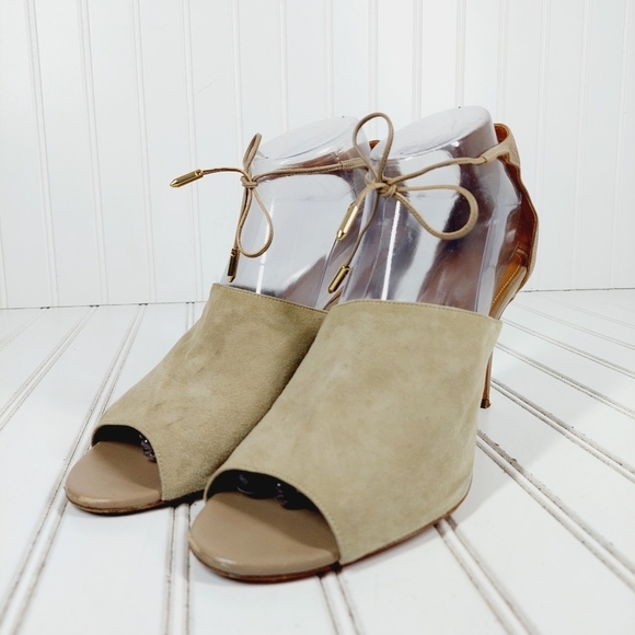 Aquazzura Estelle Leather Suede Cream Grey Taupe Ankle Tie Peep Toe Heels B462 - Picture 2 of 13